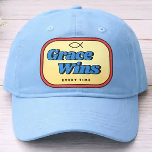 Grace Wins Every Time Baseball Cap - Light Blue with Yellow Patch and Fish Symbol - Perfect for Casual Wear