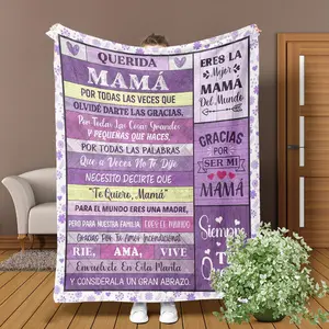 Spanish Mother's Day Themed Digital Print Flannel Throw Blanket, Soft, Comfortable, and Warm, Featuring "QUERIDA MAMÁ" (DEAR MOM) Gratitude Text with Floral and Heart Elements.Suitable for Bedroom and Living Room Home Settings, Ideal for Mothers