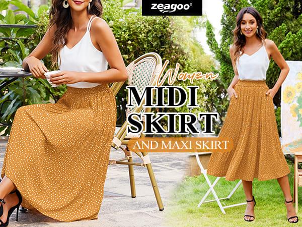 Zeagoo Women's Midi Skirts High Waisted Pleated A-Line Swing Skirts Summer Floral Long Skirts with Pockets