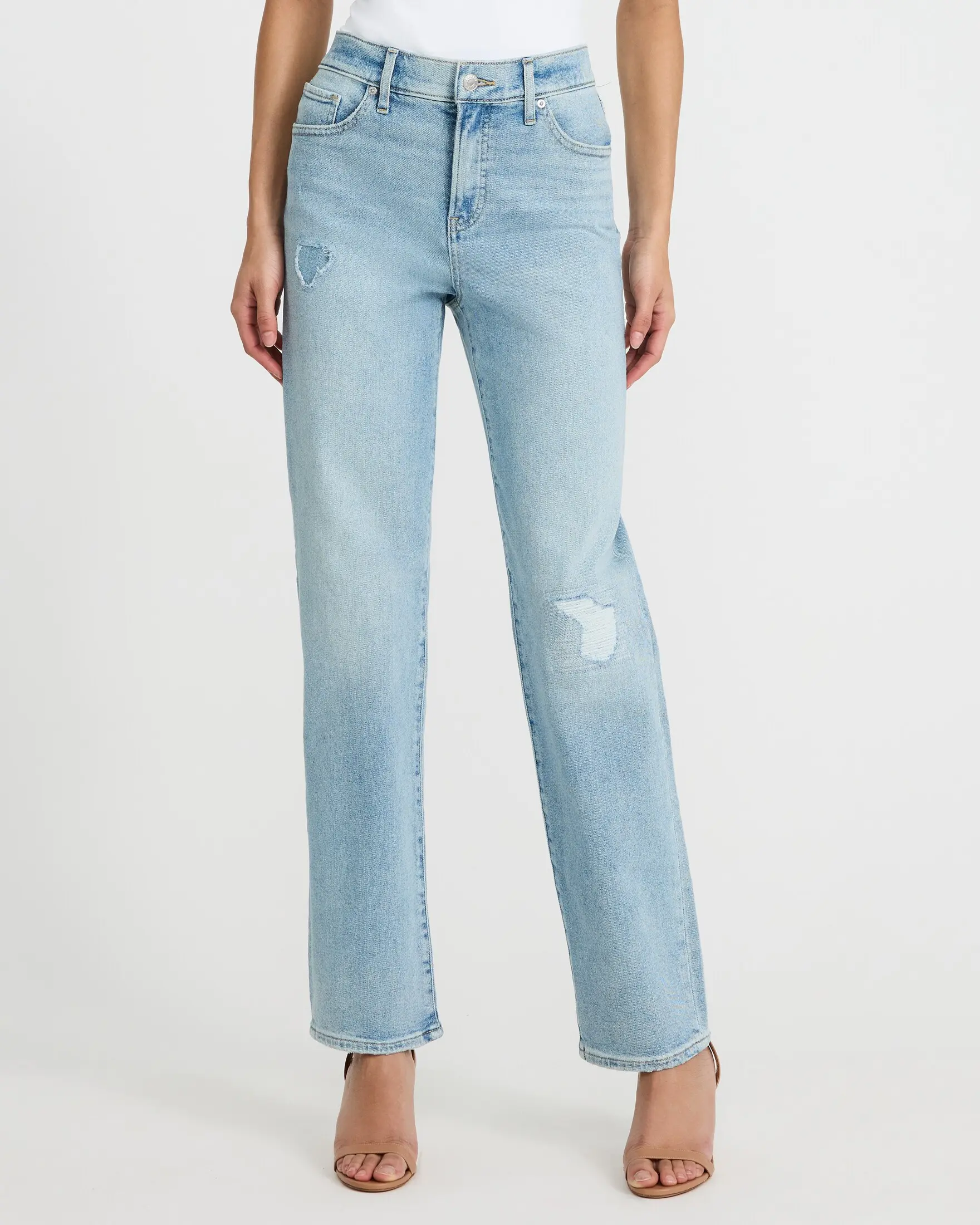 Express High Waisted Light Wash Ripped Straight Jeans, Spandex, Cotton, Fitted