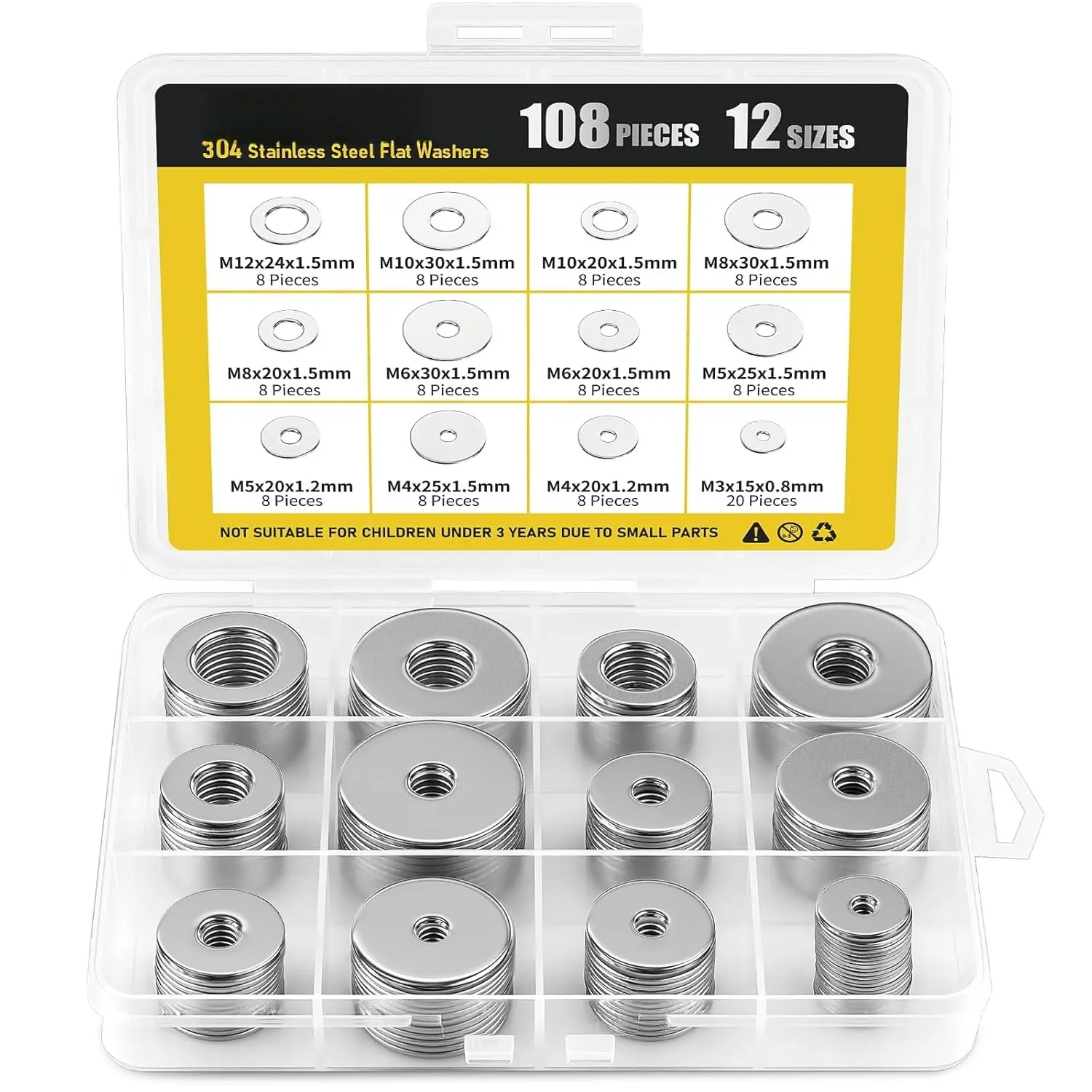 108 count 304 Stainless Steel Flat Washers,  Washers Assortment Kit 12 Sizes (M3-M12) Metal Washers for Screws  Large and Small Hardware for Various  Industrial Automotive
