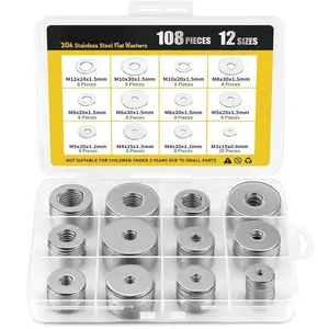 108 count 304 Stainless Steel Flat Washers,  Washers Assortment Kit 12 Sizes (M3-M12) Metal Washers for Screws  Large and Small Hardware for Various  Industrial Automotive