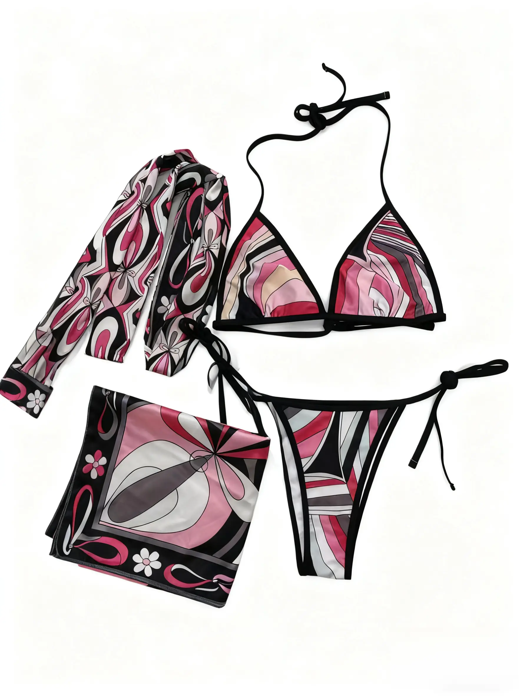 [Summervibes] XS-XL Luxury Women's Floral Silk Three Piece Bikini Set - Bohemian Beach Swimwear with Scarf & Headband, SoftSmoothAdjustable Swimsuits for Women SummerBeach,swimming pool, hot spring swimsuit