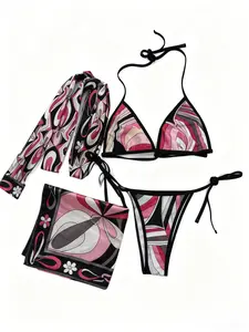 [Summervibes] XS-XL Luxury Women's Floral Silk Three Piece Bikini Set - Bohemian Beach Swimwear with Scarf & Headband, SoftSmoothAdjustable Swimsuits for Women SummerBeach,swimming pool, hot spring swimsuit