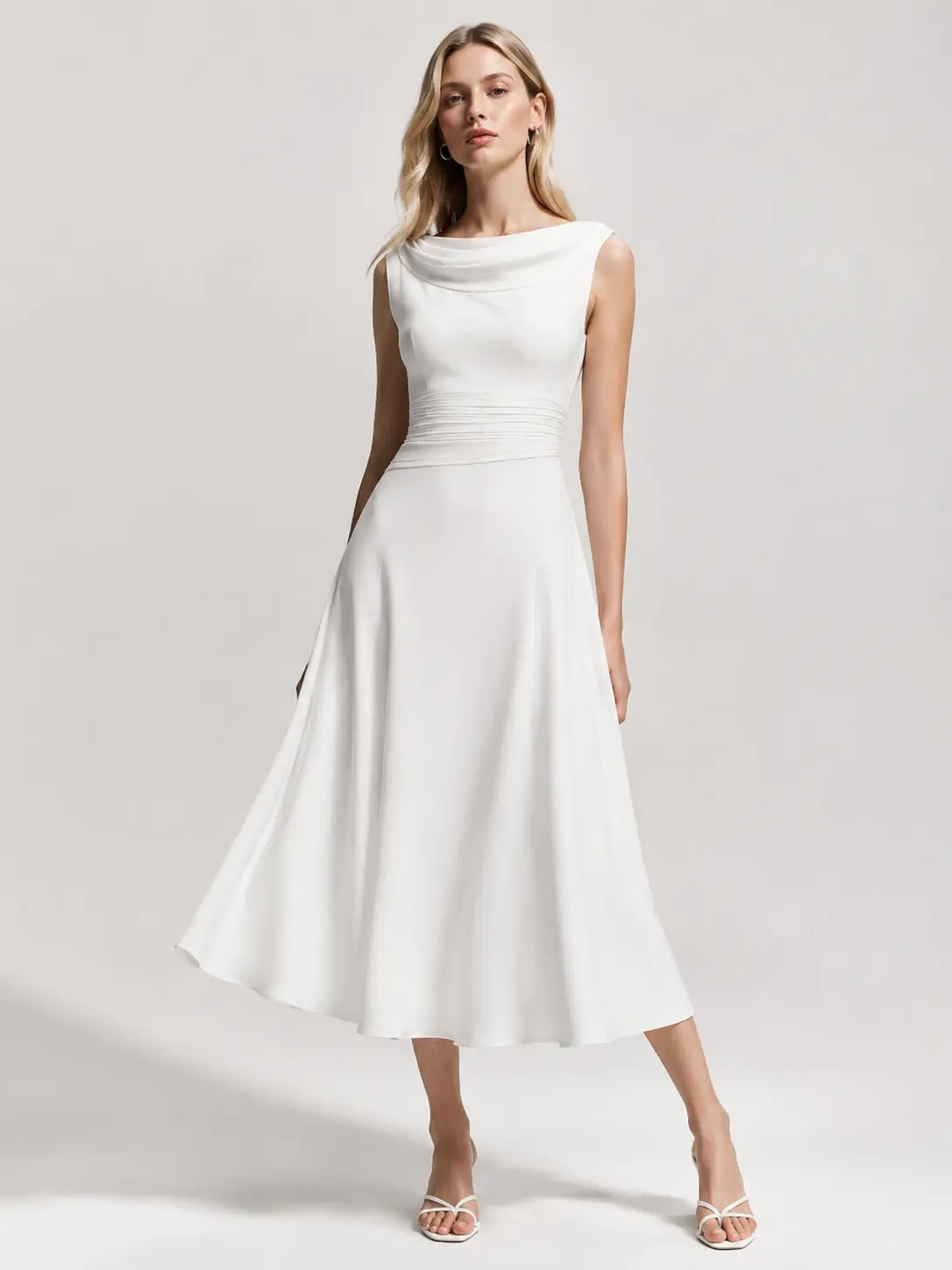 2026 Spring Elegant Sleeveless Cowl Neck Midi Flare Dress Mid Waist Ruched Slimming Flowy Outfit For Office Business Dinner Date Night Wedding Guest Bridal Shower Sophisticated Classy Romantic Women Formal Party Gown