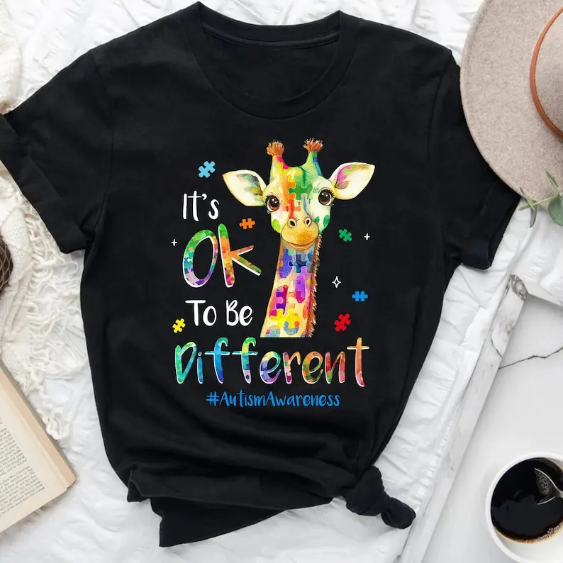Men's Giraffe Graphic T-Shirt, Casual Cotton Short Sleeve Round Neck Gift for Autism Awareness & Neurodiversity Acceptance, Tshirt, Top, Shortsleeve, Soft, Simple, Streetwear, Menswear