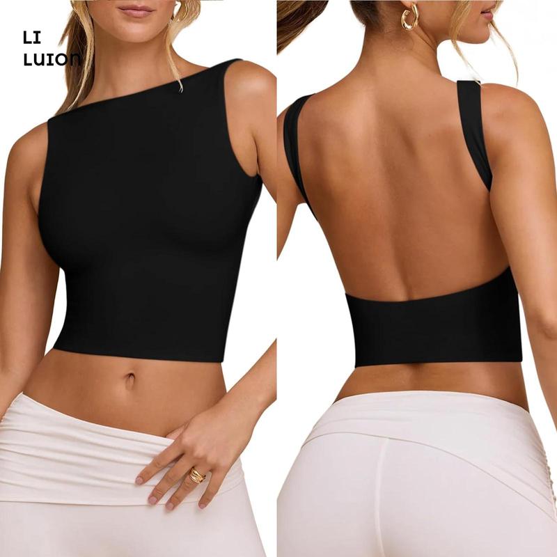 Women's Flexible Tank Tops CasualFit Boat Neck Sleeveless Open Back Solid Color Backless Shirt for Summer