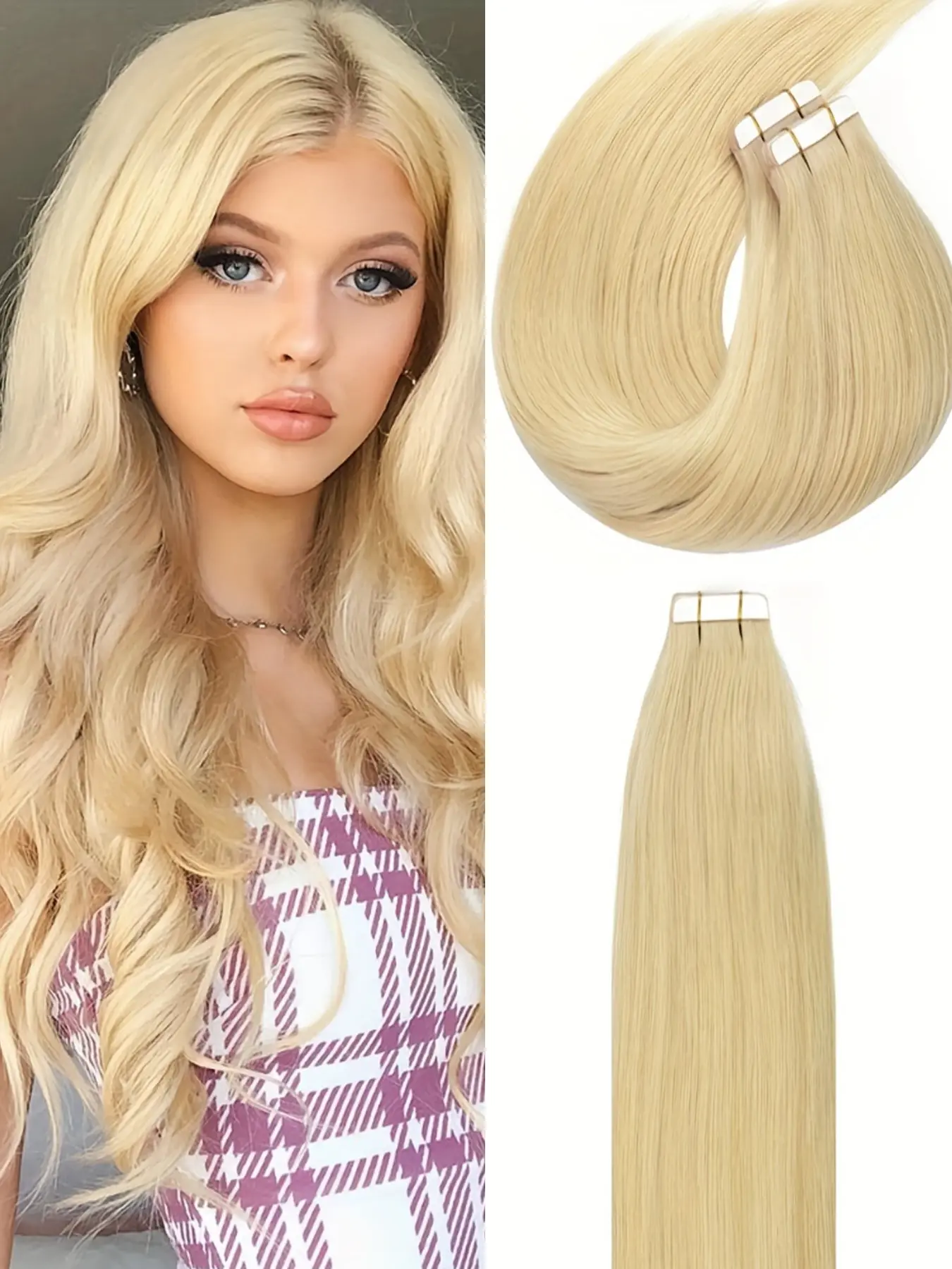 1pc/50g Blonde 613 Tape-In Hair Extensions Straight - Seamless Natural Invisible Real Human Hair Extensions for Women, All Ethnicities, Ponytail Hair Extensions, Versatile Hairpiece, Elegant Hair Look, Secure Tape Attachment, Natural Looking Hair