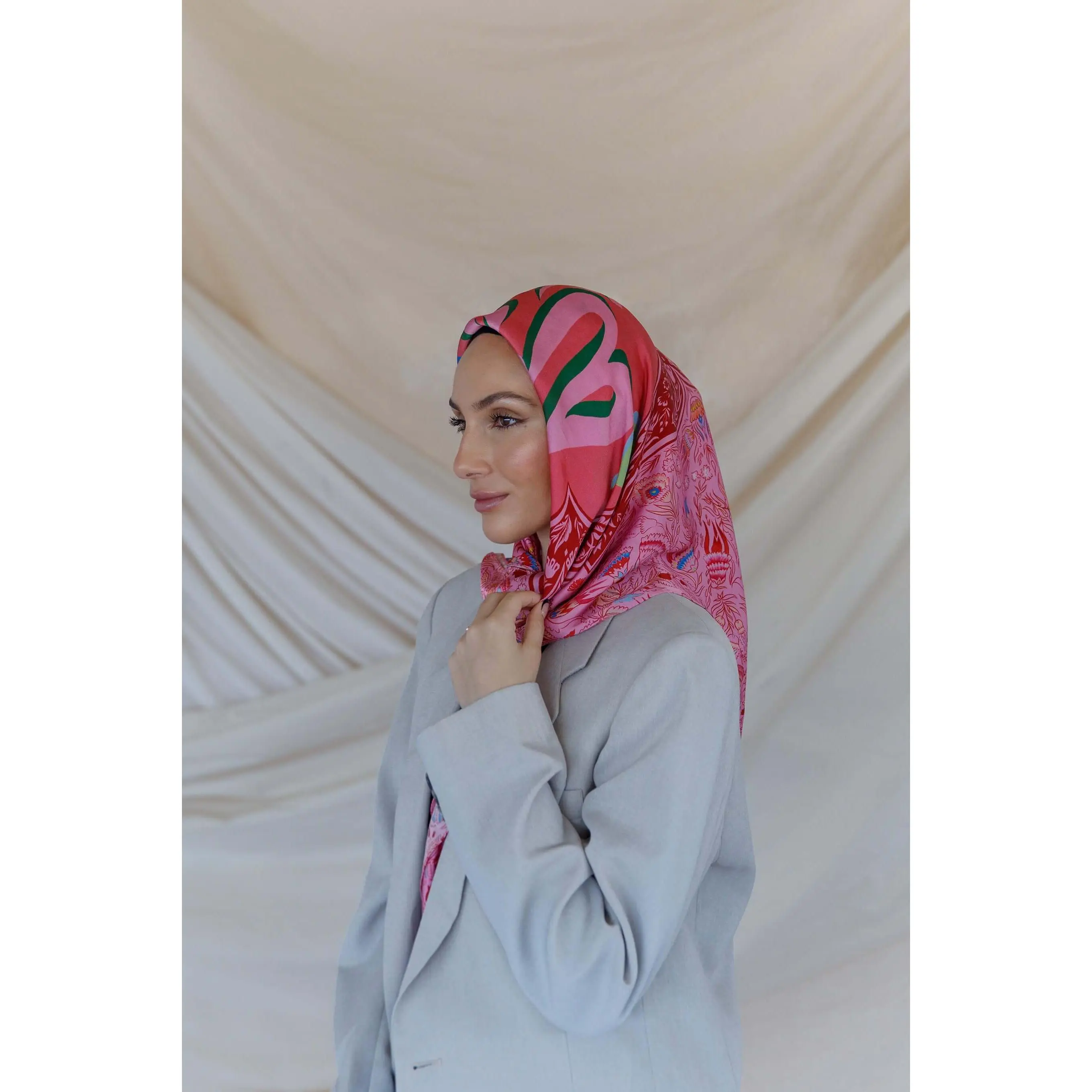 VELA Modest Hijab - "Qawiyah" Empowered Pink Silk Square Scarf, 39 in x 39 in, Artistic Pomegranate Motif, Designed in Collaboration with Artist @kweenkaraza