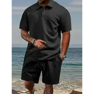 Men's summer casual texture fabric solid color polo shirt T-shirt shorts 2-piece set, loose fit suitable for casual sports, breathable and cool, essential summer outfit, comfortable and versatile  Menswear Plain