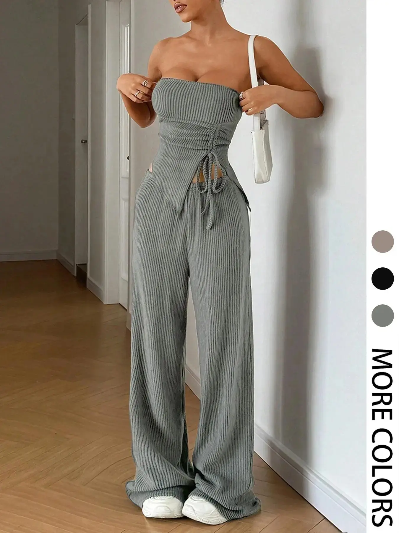 Women's Adjustable Basic Solid Slim Knit Drawstring Tie Front Top & Wide Leg Pants Two-piece Set Outfit, Womenswear Casual Fashion Cozy Top & Trousers for Daily Outdoor Wear, Ladies Summer Clothes