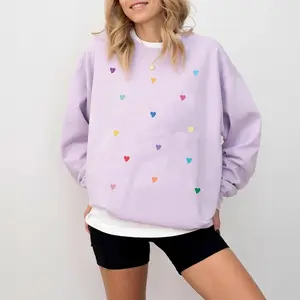 Colorful Hearts Sweatshirt, Cute Lavender Crewneck for Women, Aesthetic Preppy Heart Print Pullover, Soft Oversized Sweater, Trendy Valentines Day Gift, Casual Long Sleeve Top