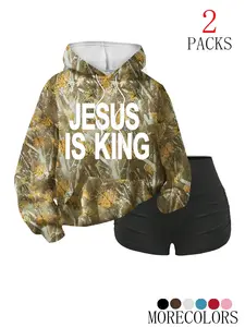 Women's Fashion Hoodies Set, Letter Print Camo Sweatshirts, Fall Winter Casual Wear, Daily Leisure Camping Beach Fitness Running