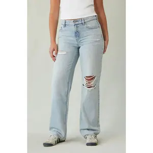 Pacsun Women's Jordyn Low Rise Straight Leg Jeans Ripped Light Indigo
