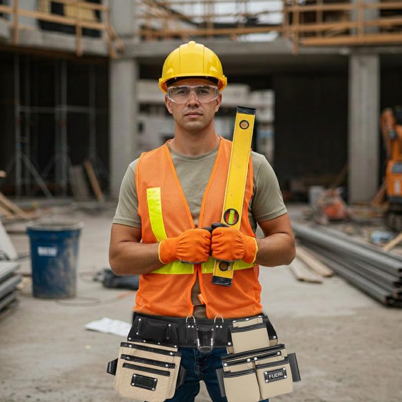 FUERI Holiday Haul Heavy Duty Tool Belt for Men 26 Pockets Beige and Black Nylon Leather Organizer Carpenter Construction Electrician Framing Belt Bag Pouch