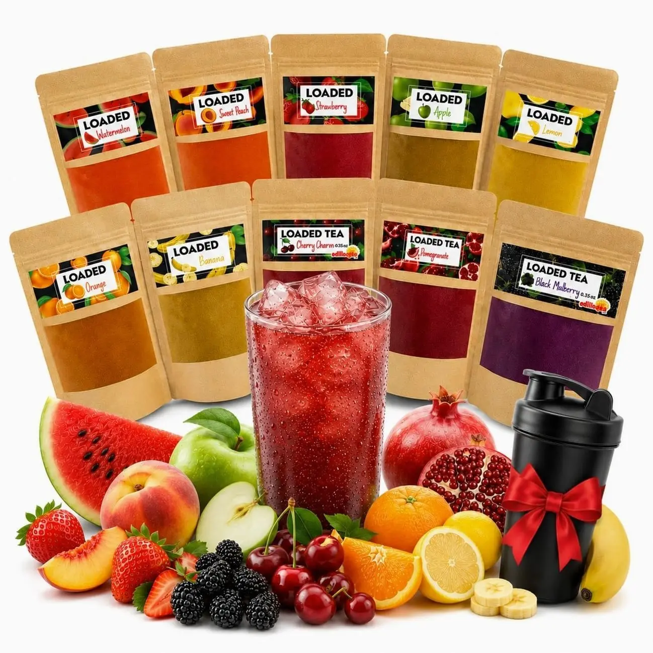 Loaded Tea Pack Mixed Flavors, Includes Shaker, 10 x 10g (0.35 oz), Each Makes 50 fl oz (1.5 Liters), 10 Fruity Flavors, Premium Iced Energy Tea Drink
