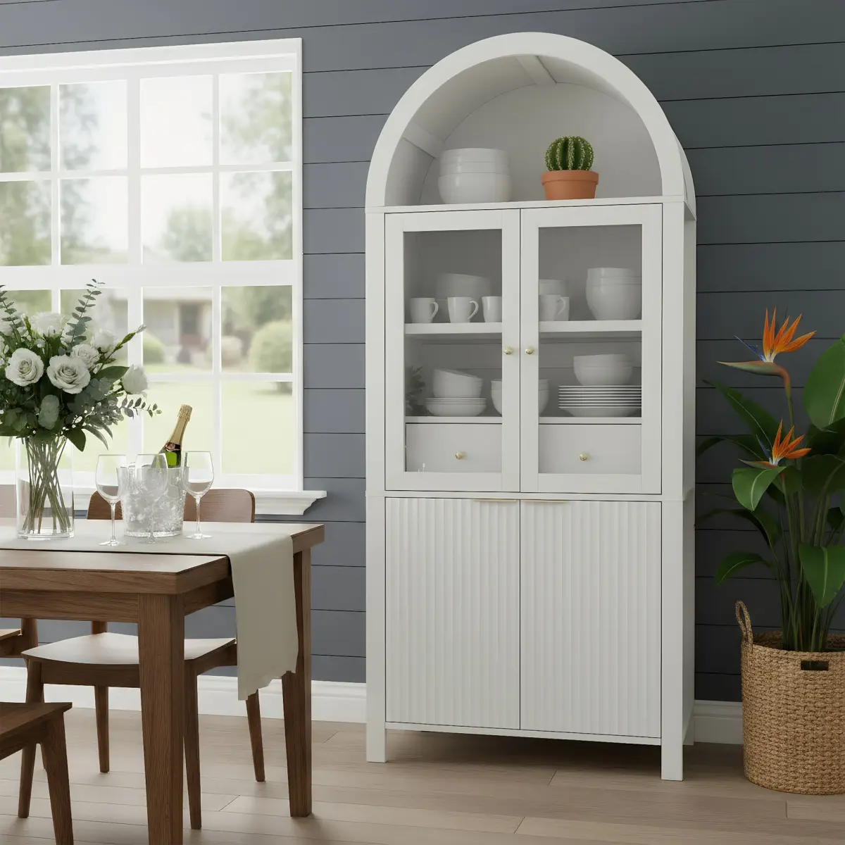 71" Contemporary Fluted Tall Arched Freestanding Storage Cabinet - Adjustable Shelves, Hidden Drawer, Glass Door, Anti-Tip Kits, Sideboard Storage Buffet for Kitchen, Living Room