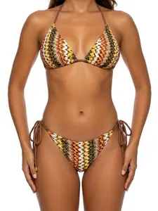 Sunkiss 2 Piece Halter Triangle Bikini Set, High Cut Textured Swimsuit with Braided Straps Tie Side for Women Summer Beach Days & Poolside Lounging