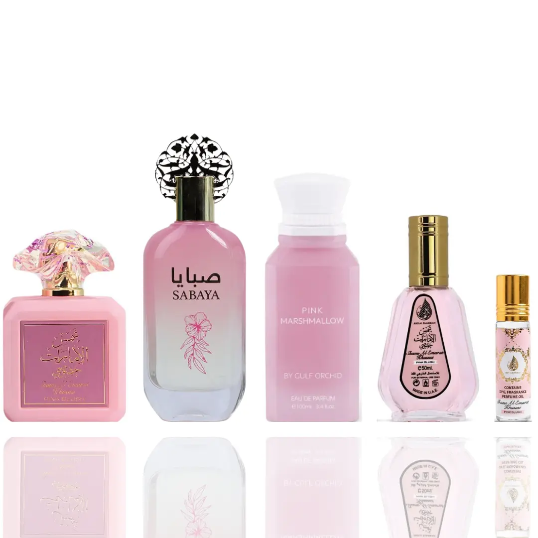 Ard Al Zaafaran Arabic Gourmand EDP Gift Set - Pink Marshmallow, 50ml Shams Al Emarat Pink Blush Roll-On, Sabaya 5-Piece Everyday Wear Vanilla Floral Amber Musk Gourmand Perfumes