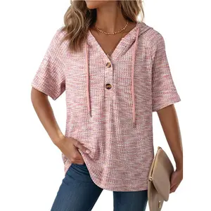 Hoodies for Women Oversized Waffle Knit V-Neck Summer Top Casual Drawstring Hooded Pullover Sweatshirt