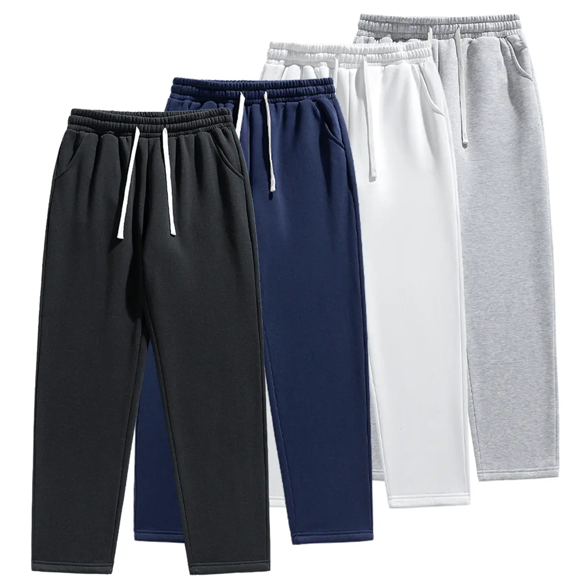 Men's Minimalist Plain Cotton Straight-Leg Sweatpants - Elastic Waistband with Drawstring, 2 Side Pockets, Fluid Drape, Machine Washable Clothes for Home, Jogging, Sold Individually or in 4-Piece Sets