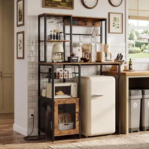 Bakers Rack with Refrigerator Storage Space, Industrial Kitchen Microwave Stand with Power Outlet, Freestanding Kitchen Shelf for Pantry Living Room, Brown/Black