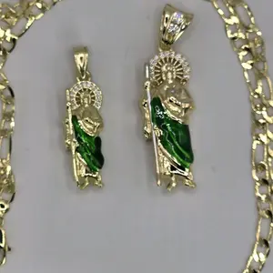 San Judas Tadeo Green Traditional Pendant Necklace Gold Tone Religious Jewelry