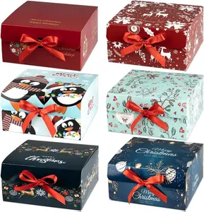 6-Pack Elegant Gift Box Set, Christmas-Themed with Lids, Red Ribbon, DIY Assembly, Foldable for Xmas Presents, Office Wrapping Supplies