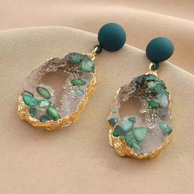 Women's Vintage Emerald Stone Irregular Drop Earrings, Fairycore Look Luxury Designer Female Costume Jewelry