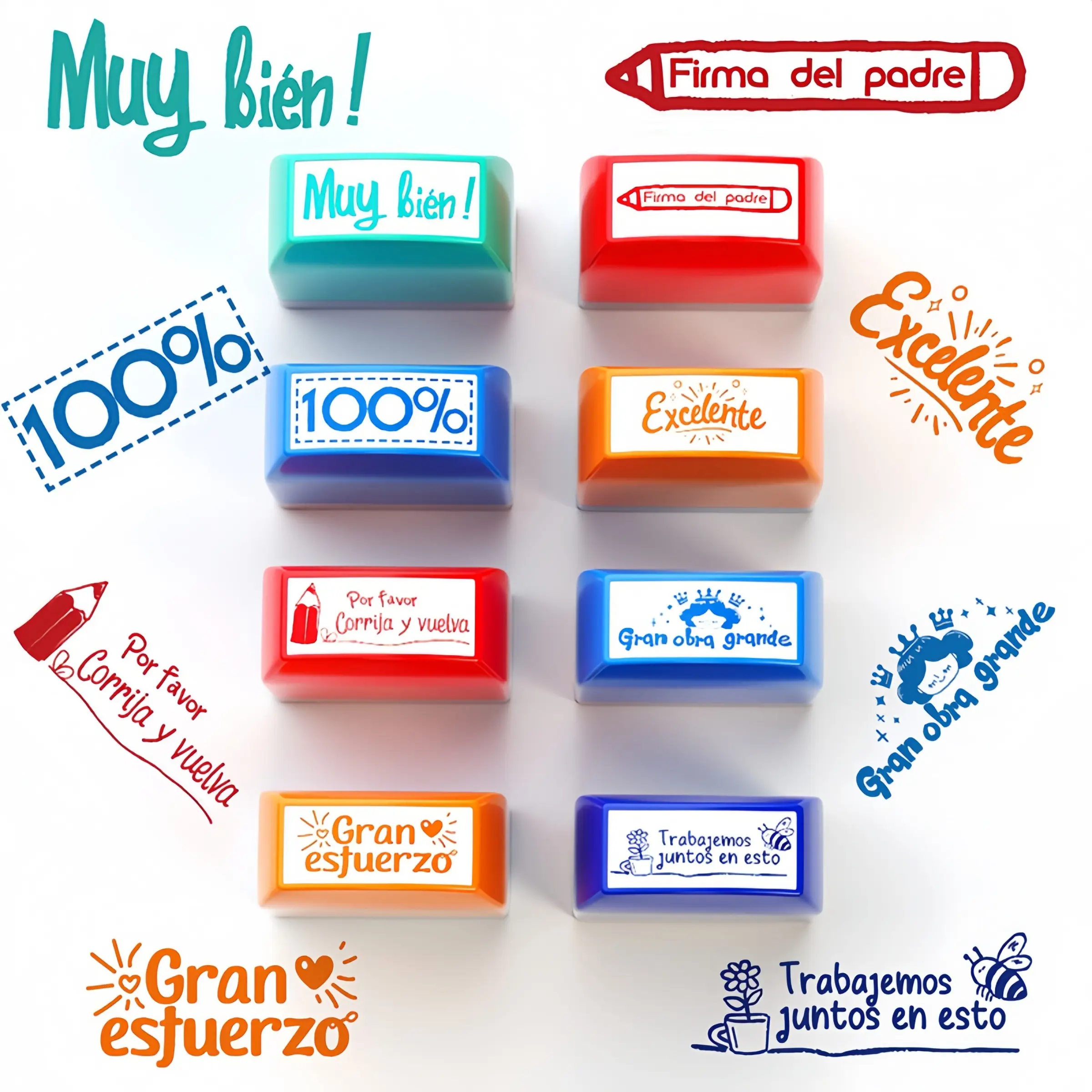 8-Piece Colorful Spanish Teacher Stamps Set, Fun Comment Seals for Kids Classroom Encouragement, Educational Supplies for Teachers & Students