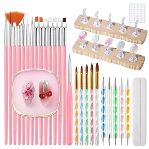 38Pcs Nail Art Brushes Set: Nail Art Tools with Nail Stand Holder, 15Pcs Nail Design Brushes, 5Pcs Dotting Tools, 5Pcs Sculpting Brushes, Resin Palette, Nail File for Painting Nails