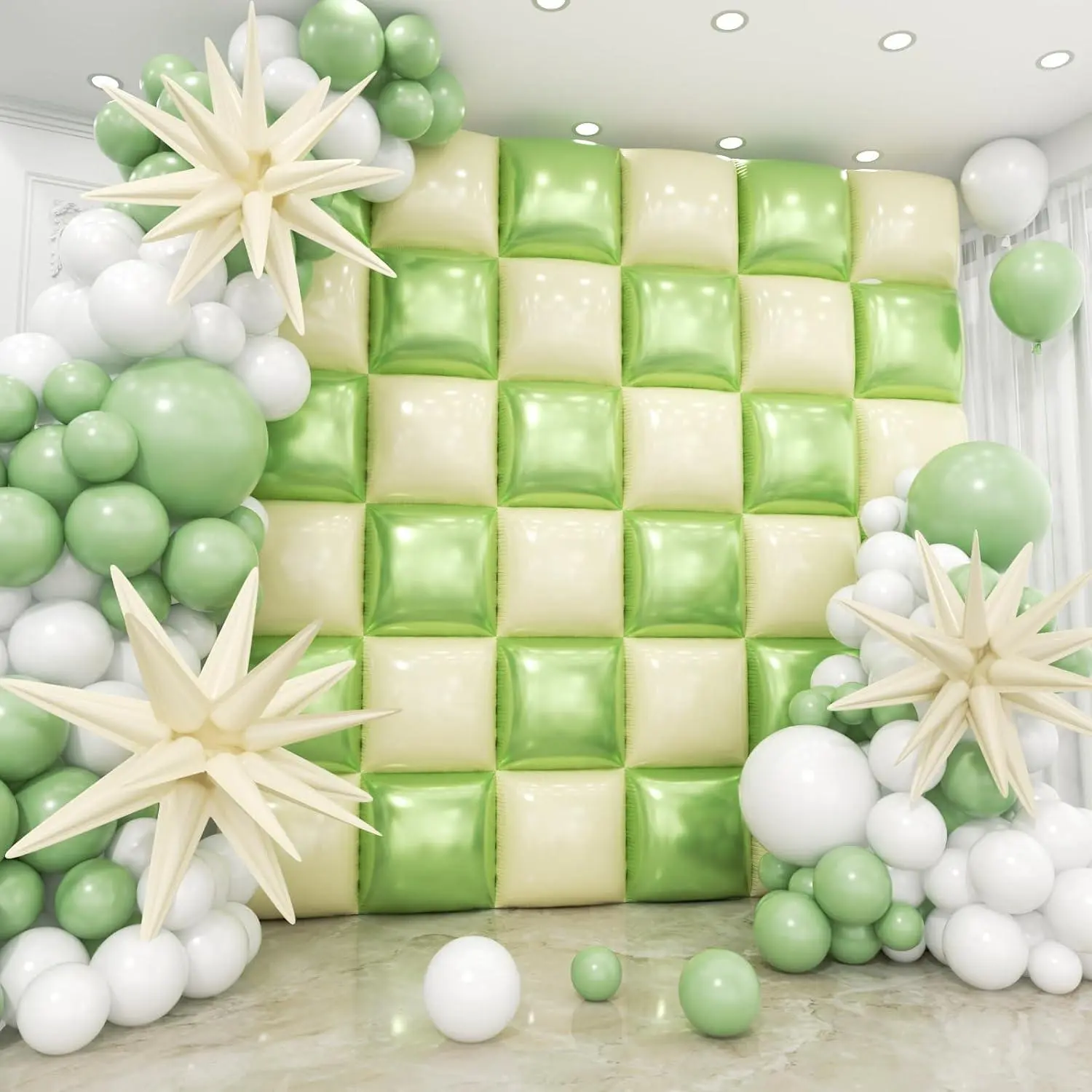 36Pcs Cream Green And Cream White Square Foil Balloons Wall Backdrop With 147Pcs Balloon Garland Arch Kit, Double Sided Balloons For Birthday Wedding Bridal Shower Baby Shower Party Decorations