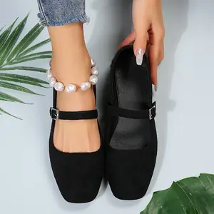 Elegant Vintage-Inspired Square-Toe Flats For Women - Fabric Upper, Rubber Outsole, Buckle Closure, Solid Color Design - Suitable For All Seasons Girl Black Walking Shoes Footwear