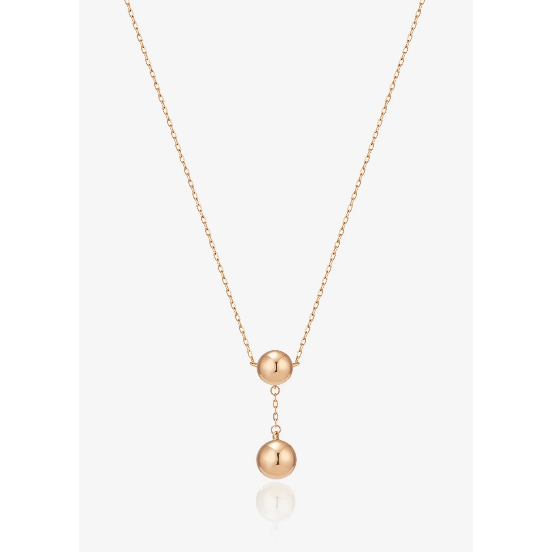 Golden Drop Necklace 14K Solid Gold Dual Sphere Design 16" Chain Secure Circular Clasp Effortless Sophistication