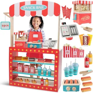 Wooden Movie Theatre Snack Bar Pretend Concession Stand Playset Full Set with Popcorn Machine Hot Dogs Candy Bars Sodas Cash Register Credit Card Kids Toy for Home Daycare