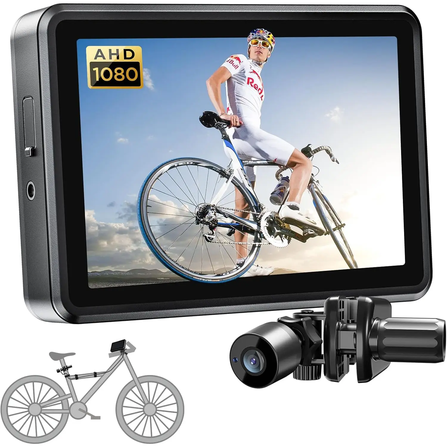 Bike Mirror, Handlebar Bicycle Rear View Camera with 4.3'' HD Night Vision Function, 145° Wide Angle View, Adjustable Rotatable Bracket, Compatible with Bicycle, Mountain, Road Bike