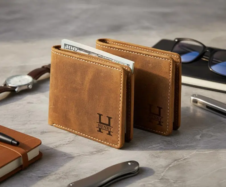 Custom Handwriting Photo or Logo Engraving Wallet, Personalized Leather Wallet for Men, Fathers Day Gift
