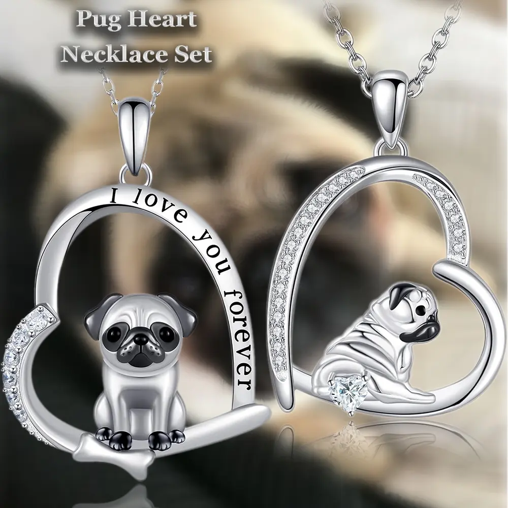 2 Pcs/Set Exquisite Creative Heart-Shaped Pug Dog Alloy Pendant Necklace Jewelry Gift In Two Adorable Styles: Cute Cartoon And Elegant Vintage - Perfect Fashion Accessory For Theme Parties, Birthdays, Christmas Presents, Gifts For Women And Girls