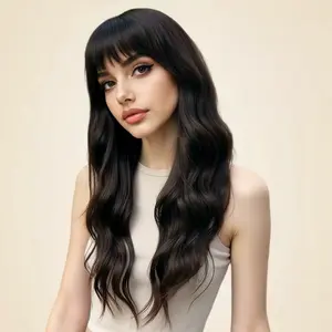 Black Wavy with Bangs wave Wigs for Women Long Curly Black heat Wig with Bangs Synthetic material Wig resistant/ natural appearance/ baby hair/ Deep Wave Glueless