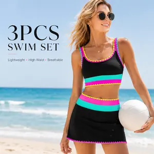【Run half a size small】Beachball Kayaking 3 Piece Bikini Sets,Tummy Control & High Waisted Swimsuit with Adjustable Wide Shoulder Straps, Neon Color Sporty Swimsuit