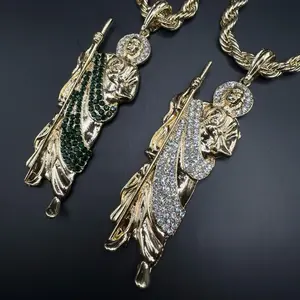 Rope  San Judas Tadeo Big Pendant Gold Plated  24 inches Rope Chain with Rhinestone Accents and Feather Design