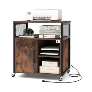 COSTWAY - File Cabinet on Wheels with Charging Station and Cable Management Hole-Brown