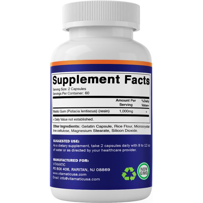 Vitamatic Mastic Gum 1000mg per Serving - Support Digestive Function, Gastrointestinal Health, Immune and Oral Wellness, 120 Capsules Edible Fitness