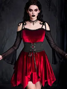 Vintage Velvet Patchwork Transparent Sleeve One Shoulder Dress, Handkerchief Hem, Lace Trim, Off-Shoulder, Elegant Formal Party Wear, Womenswear, Fit