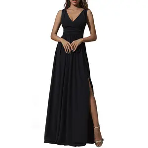 Women’s V Neck Sleeveless Split Formal Dress Cocktail Evening Party Prom Long Black Bridesmaid Dresses Wedding Outfit