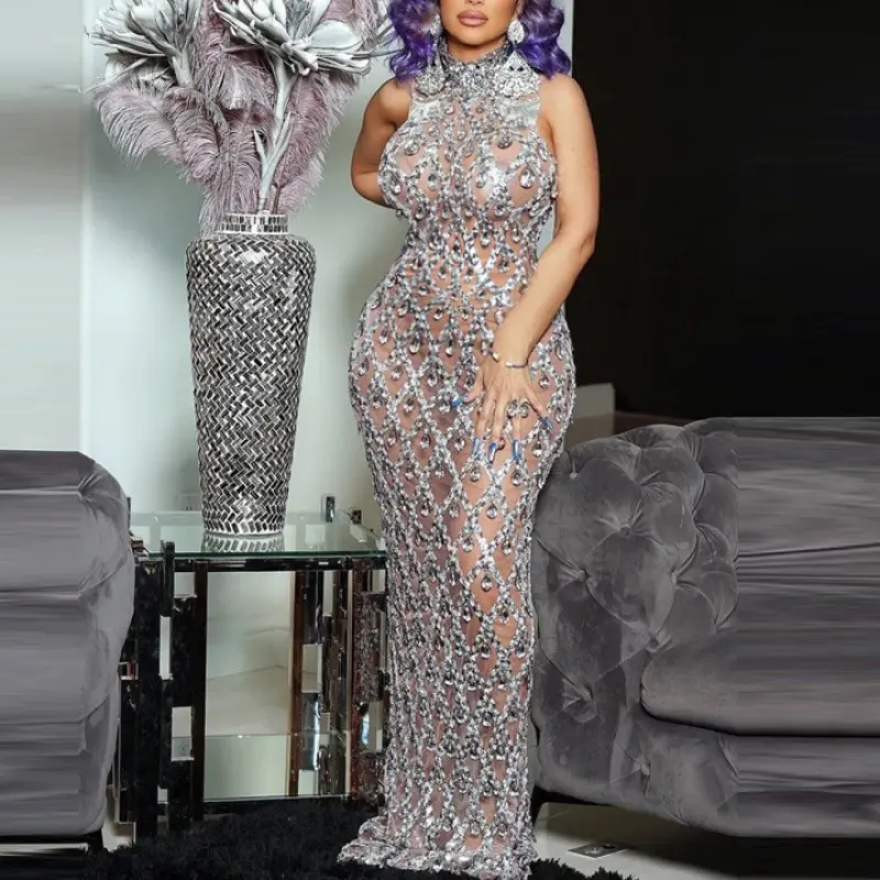 Sexy shiny rhinestone silver dress plus size women's party dress neck fishtail dress formal dresses women wrap dress prom - TikTok Shop Sexy shiny rhinestone silver dress plus size women's party dress neck fishtail dress formal dresses women wrap dress prom - TikTok Shop