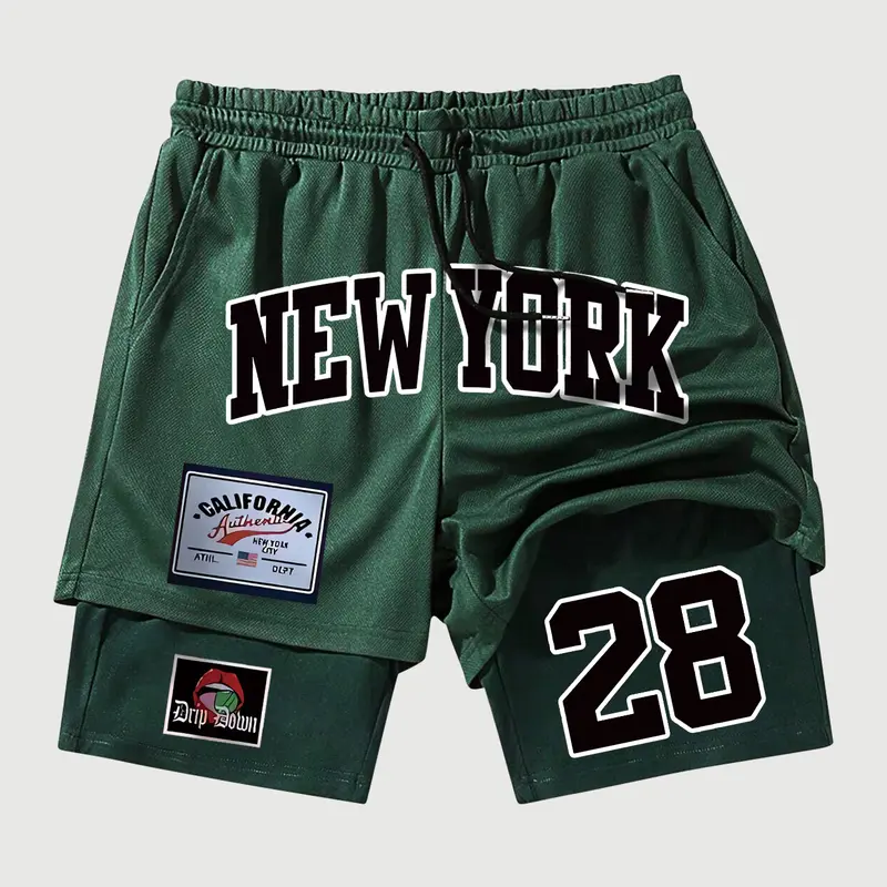 Men's 2-In-1 Graphic Gym Shorts with Inner Pockets, Summer Double-Layer Training & Running Shorts, Drawstring Waist, Casual Fashion Fit
