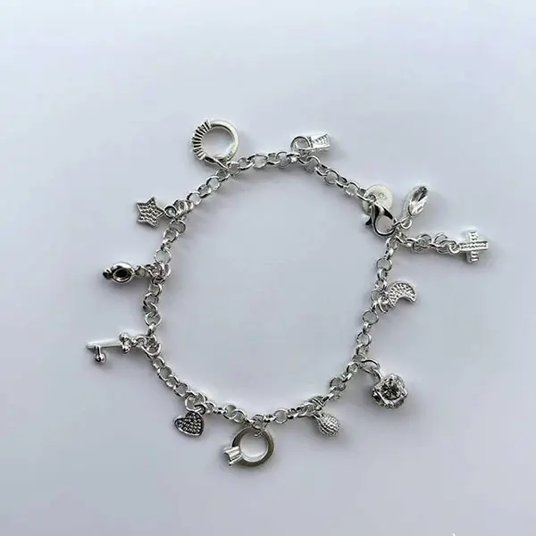 Women’s Silver Plated Chain Charm Bracelet with Cross, Key, Heart, Moon & Cube Pendants, Dainty Fashion Accessory