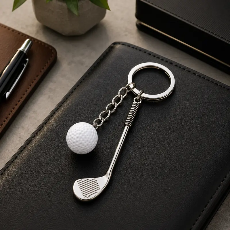 Golf Club & Ball Metal Keychain - White