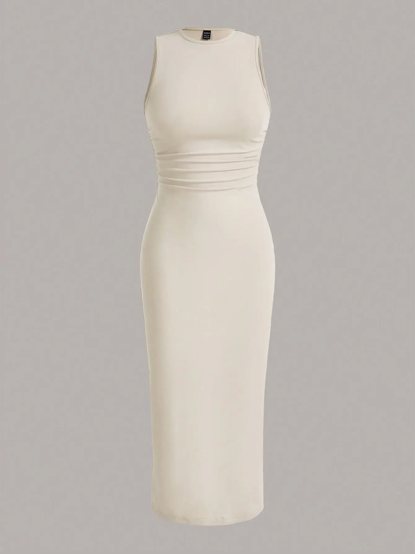 Women’s Solid Crew Neck Ruched Bodycon Midi Dress – Sleeveless Fitted Stretch Dress for Casual, Daily, and Elegant Minimalist Outfits